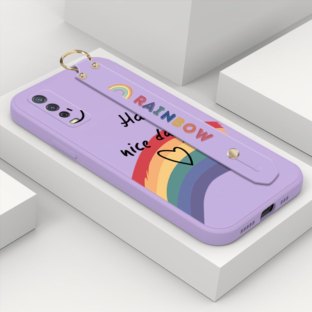 ZeroQiQi for Vivo Y12A Wrist Strap Case Lovely Graffiti Rainbow Smile Thin Phone Cover Square Edge Liquid Silicone Creativity Phone Case