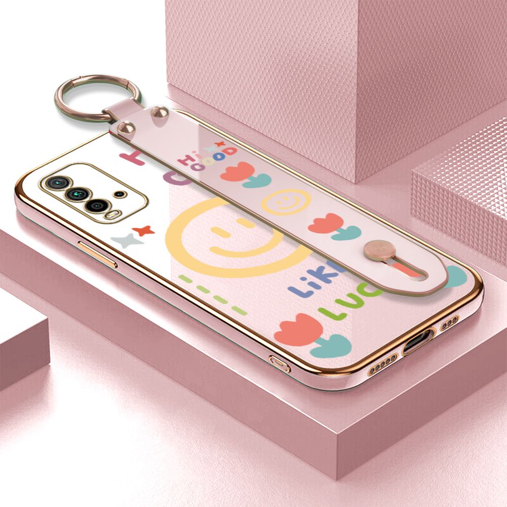 ZeroQiQi for Redmi 9T Wrist Strap Back Cover Flower Smiley Fashion Luxury 6D Plating Soft Casing Silicone Square Frame Phone Case