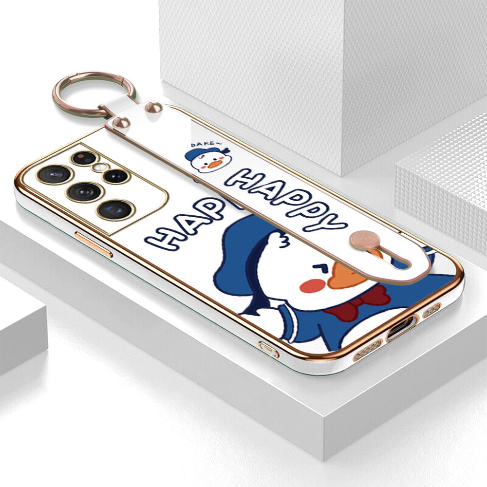 TA for Samsung S21 Ultra 5G Wrist Strap Back Cover Cute Duck Fashion Luxury 6D Plating Soft Casing Silicone Square Frame Phone Case