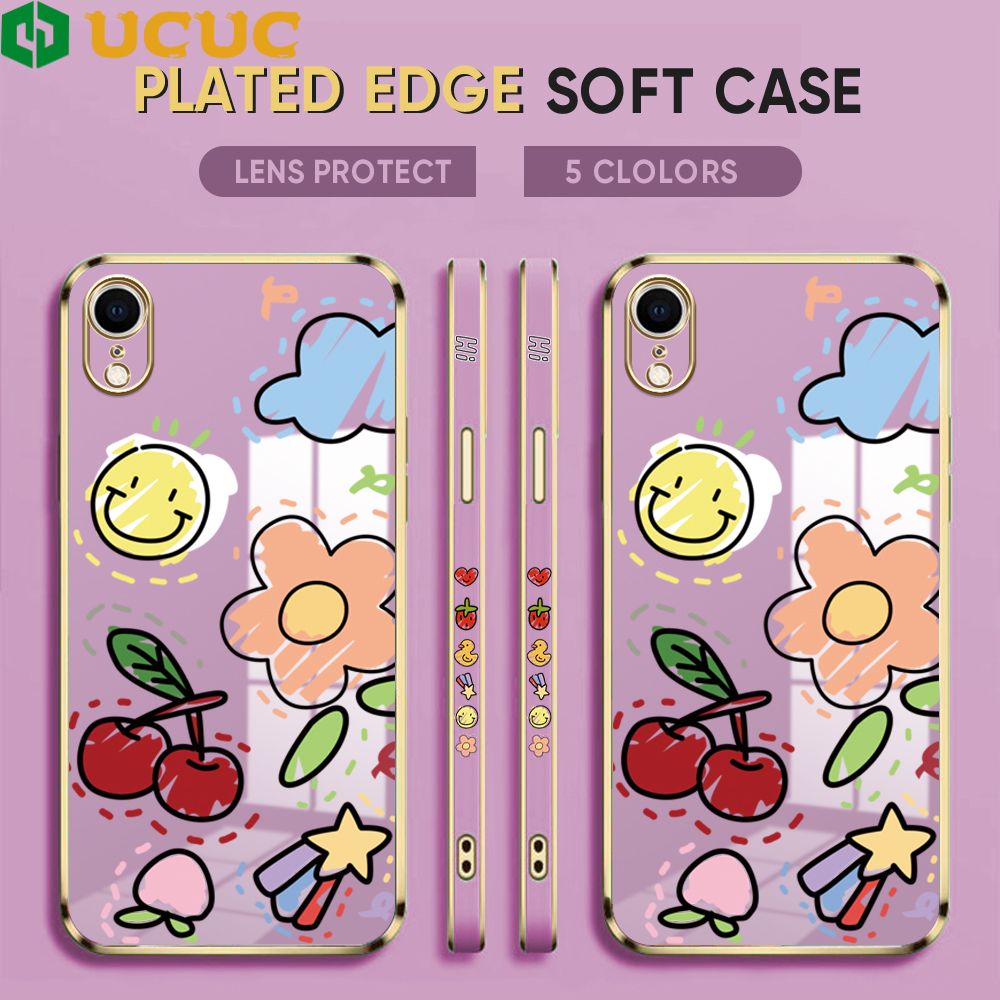 UCUC for iPhone XR Cover Fruit Doodle Luxury 6D Plating Soft Casing Silicone Square Frame Phone Case Shiny Bling Back Cover + Free Lanyard