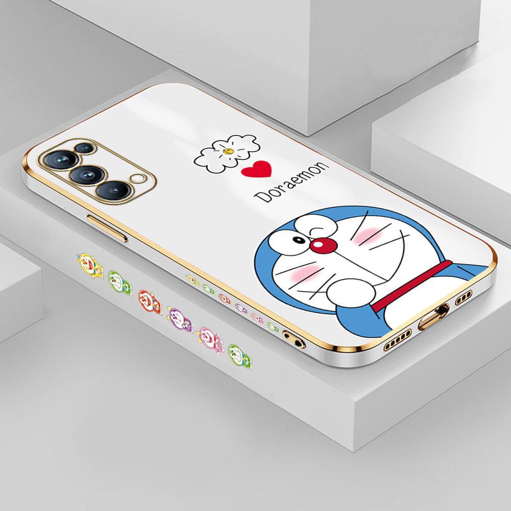 Hontinga for OPPO Reno5 Pro 5G Back Cover + Free Lanyard Luxury 6D Plating Grinning Cartoon Cat Side Pattern Case Soft Silicone Square Mobile Cover