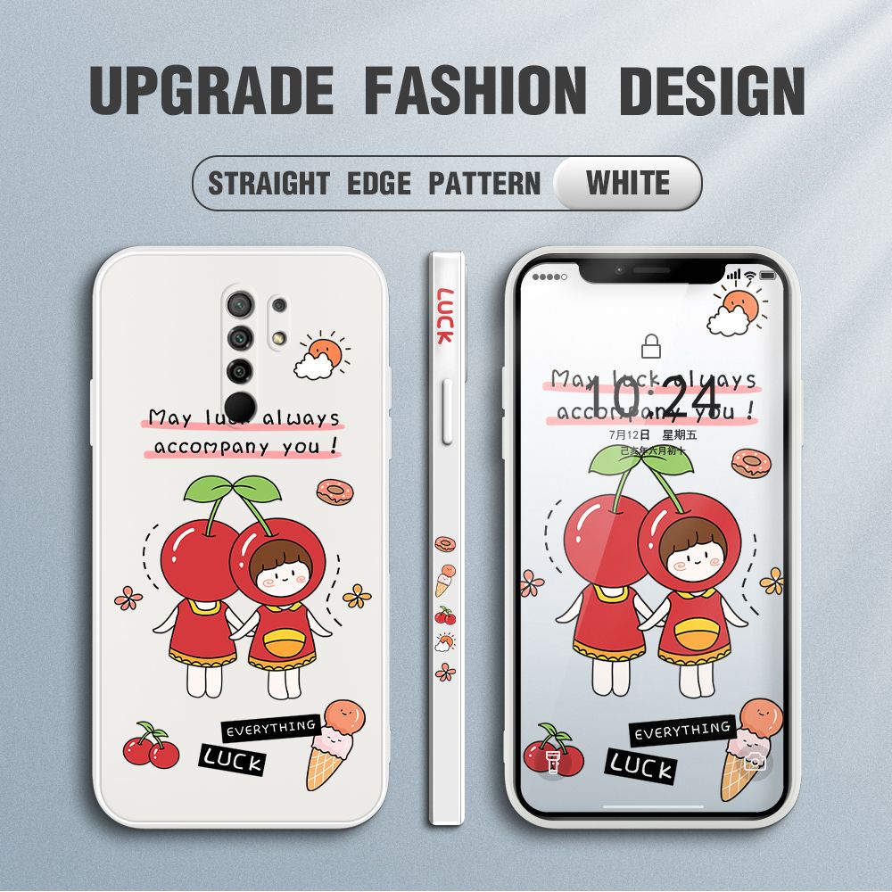 Jizetin for Xiaomi Redmi 9 Case Fashion Cherry Girl Design Side Design Phone Case Square Edge Pattern Liquid Silicone Cases Full Cover Camera Shockproof Protective Case
