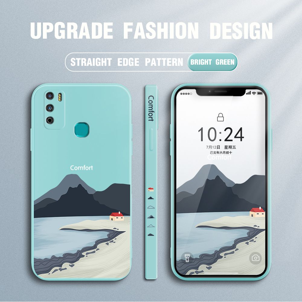 Jizetin for Infinix Hot 9 Play Case Mount Fuji Design Side Design Phone Case Square Edge Pattern Liquid Silicone Cases Full Cover Camera Shockproof Protective Case