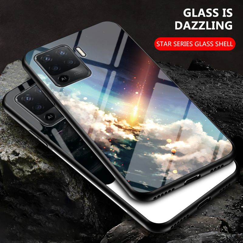 For OPPO F19 Pro Case Starry Moon and Star Tempered Glass Protector Couple For s for OPPO F19 Pro Back Cover