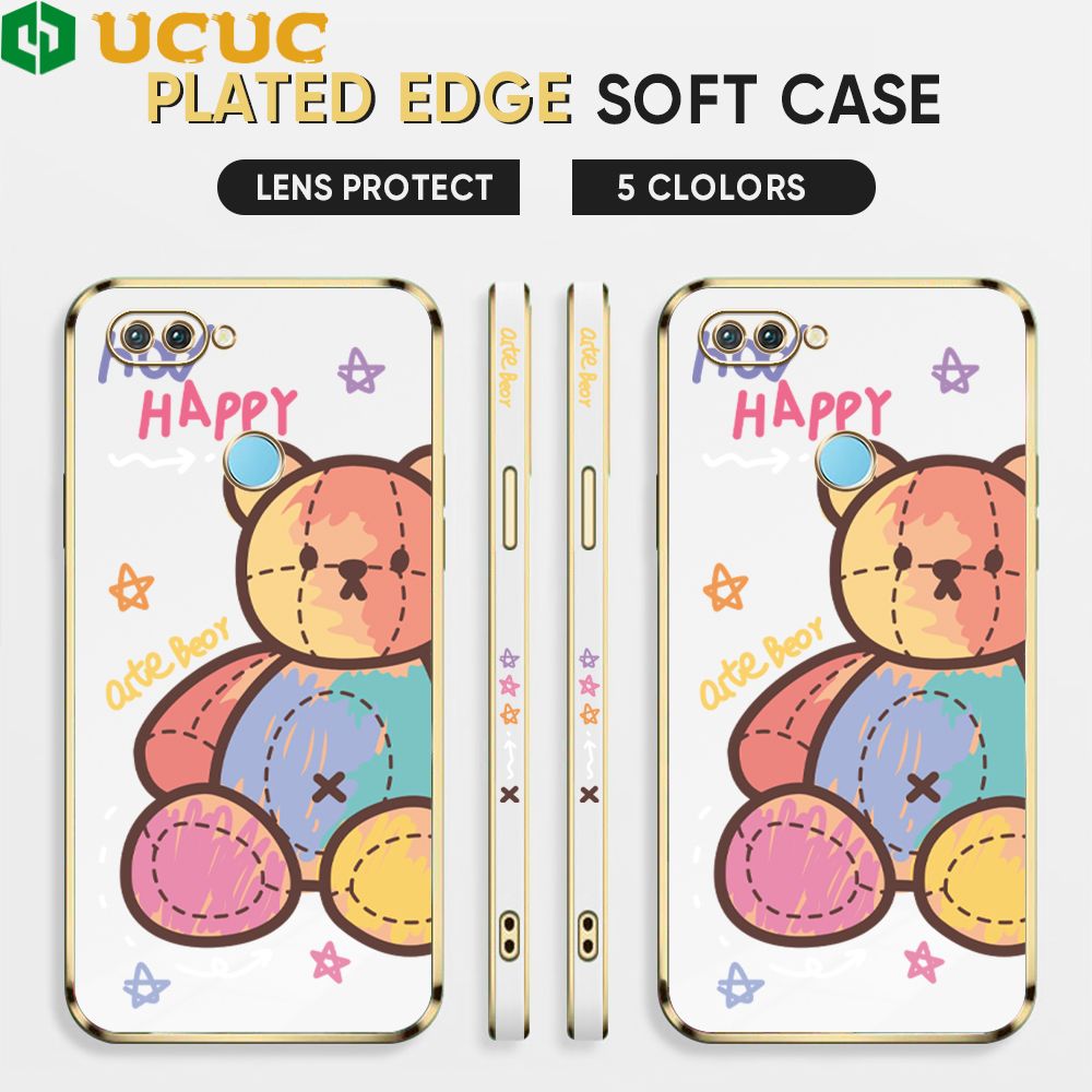 UCUC for OPPO F9 / Realme U1 / Realme 2 Pro Back Cover + Free Lanyard Colorful Muppet Bear Luxury 6D Plating Case Side Pattern Soft Silicone Square Phone Cases