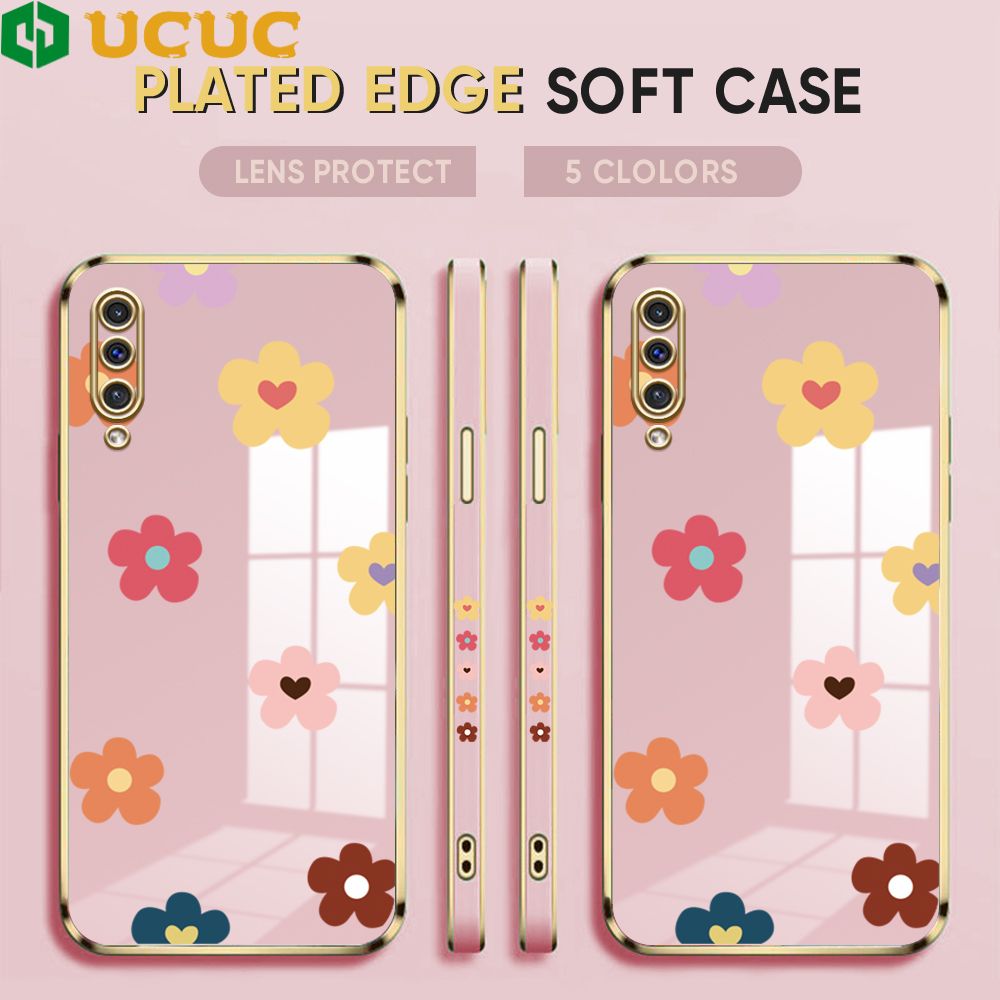 UCUC for Samsung Galaxy A50 A30S A50S Back Cover + Free Lanyard INS Style Flower Luxury 6D Plating Case Side Pattern Soft Silicone Square Phone Cases