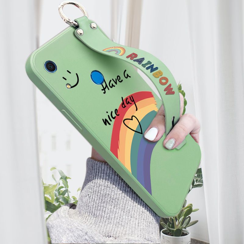 Hontinga for Huawei Y6S Wrist Strap Case Lovely Graffiti Rainbow Smile Thin Phone Cover Square Edge Liquid Silicone Creativity Phone Case