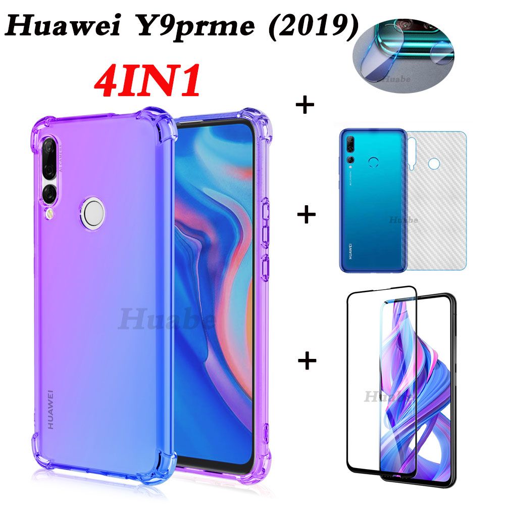 For Huawei Y9 () Y9Prime () Y7 tempered glass film + lens film + four corners anti-fall gradient mobile phone case+Carbon fiber back film（4in1）