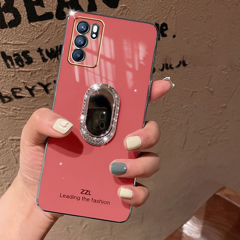 For OPPO A16 Back Cover + Rhinestone Ring Holder Stand Shiny Plating Square Bumper Girls Phone Case Soft TPU Silicone Shockproof Protective Cover