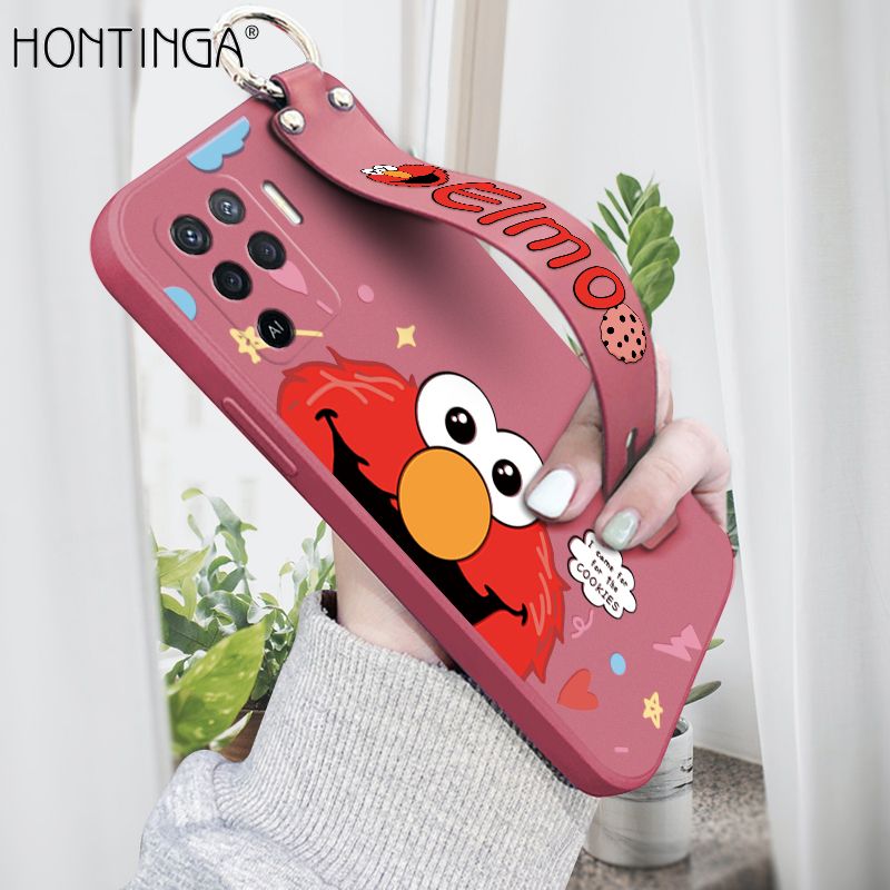 Hontinga for OPPO F19 Pro / A94 / Reno5 F Wrist Strap Case Cute Cute Cartoon Little Monster Phone Cover Square Edge Liquid Silicone Case Full Cover Camera Shockproof Protective Cases