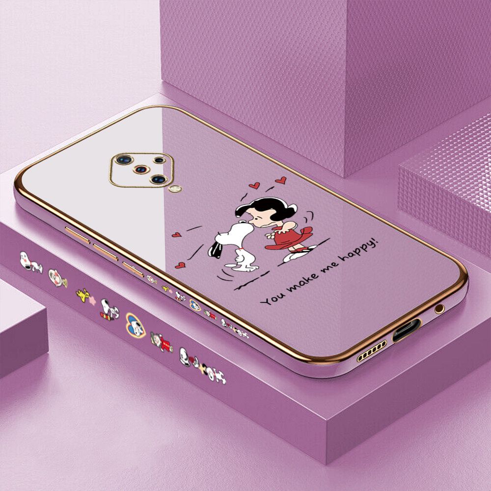 Luxury 6D Plating Case for Vivo S1 Pro Happy Cartoon Puppy Side Pattern Back Cover Soft Silicone Square Frame Shiny Bling Phone Cases + Free Lanyard