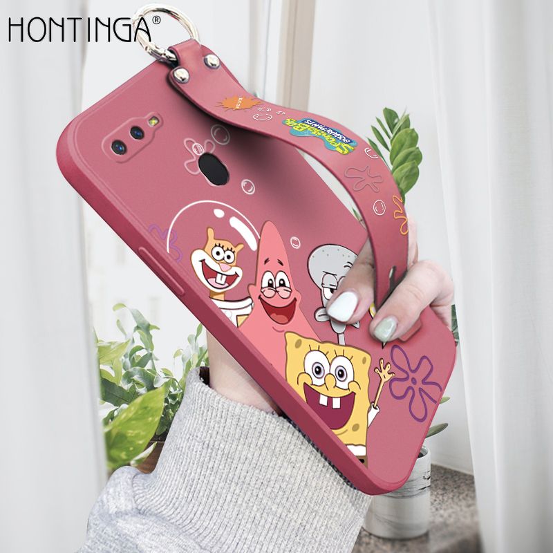Hontinga for OPPO F9 / F9 Pro / Realme 2 Pro / U1 Wrist Strap Case Cute Cute Funny Cartoon Sponge for Square Pants Cover Square Edge Liquid Silicone Anti-drop Phone Case