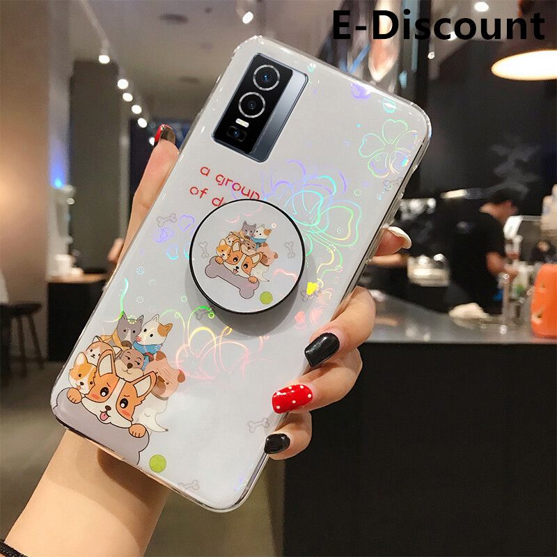 For VIVO Y76 Case Cute Cartoon Bear Cases Soft Silicone Bracket Holder stand Back Cover Colorful Cherry Blossoms For VIVO Y76 Back Cover