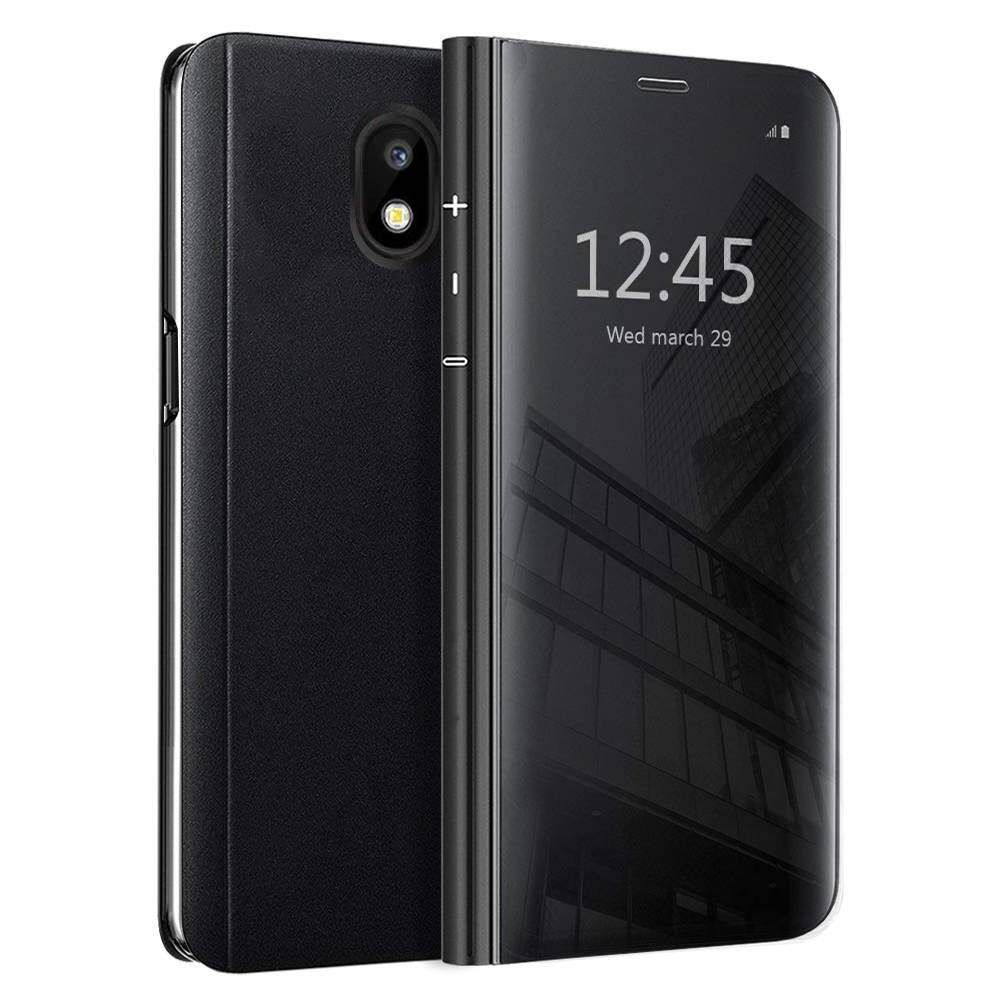 For Galaxy J3 2017 Mirror Plating Hard PC -PU Leather Translucent Standing View Case Cover