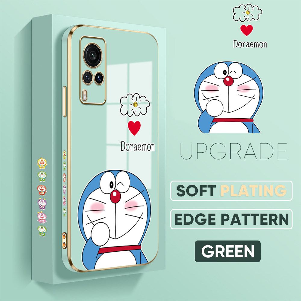 UCUC for Vivo X60 Back Cover + Free Lanyard Sneak Doraemon Luxury 6D Plating Case Side Pattern Soft Silicone Square Phone Cases