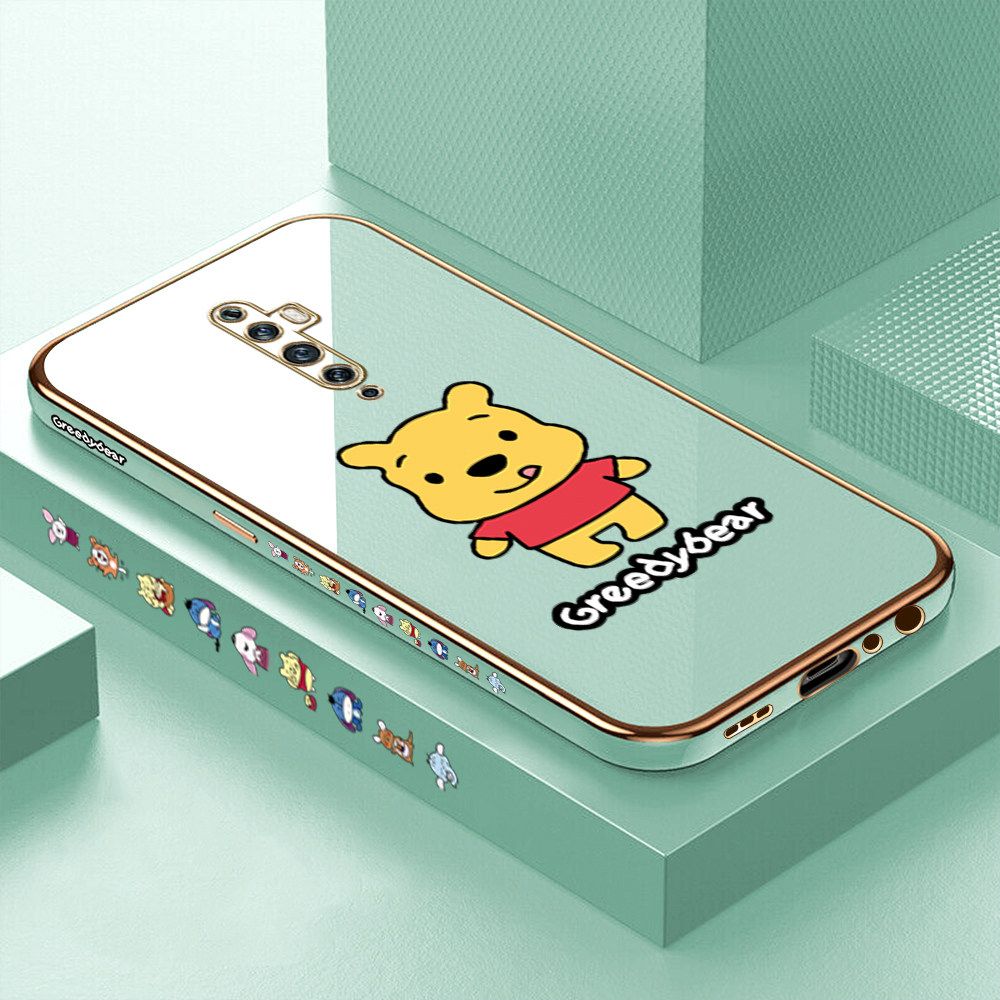 Luxury 6D Plating Case for OPPO Reno2 F Squirming Little Sweet Bear Side Pattern Back Cover Soft Silicone Square Frame Shiny Bling Phone Cases + Free Lanyard