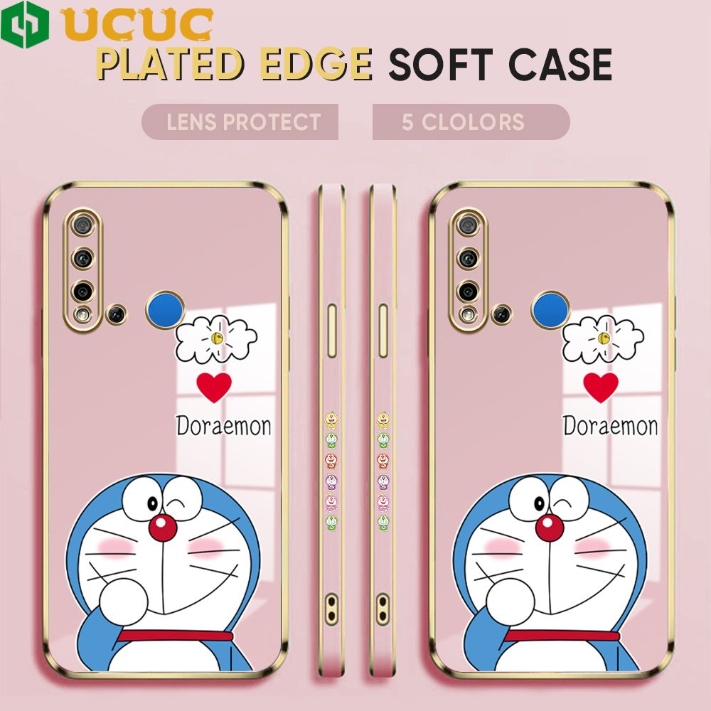 UCUC for Huawei Nova 5i / P20 Lite 2019 Back Cover + Free Lanyard Sneak Doraemon Luxury 6D Plating Case Side Pattern Soft Silicone Square Phone Cases