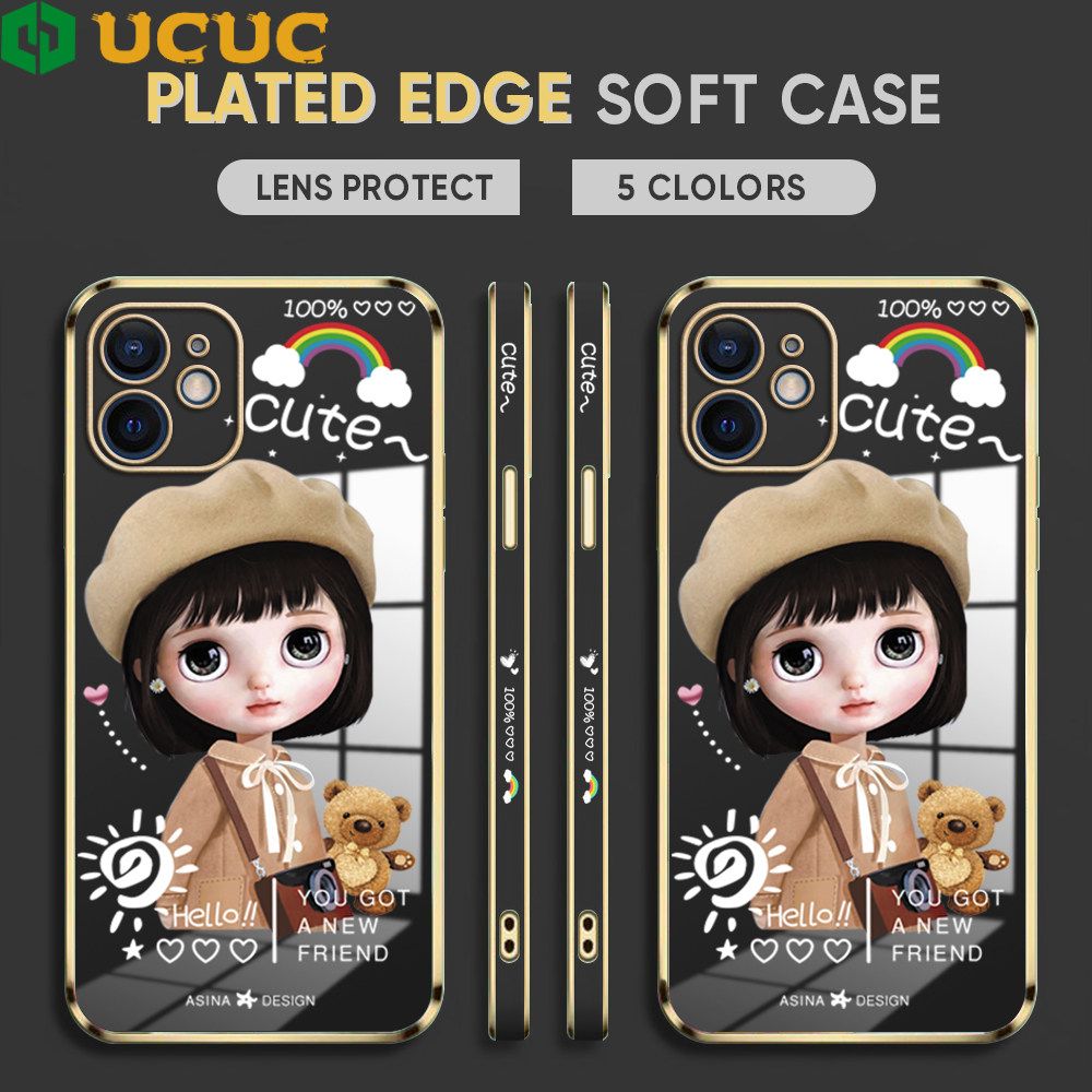 UCUC for iPhone 11 Back Cover + Free Lanyard Sunshine Girl Luxury 6D Plating Case Side Pattern Soft Silicone Square Phone Cases