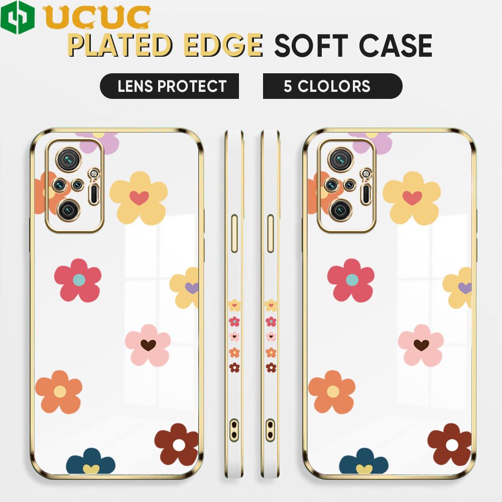 UCUC for Redmi Note 10 Pro Back Cover + Free Lanyard INS Style Flower Luxury 6D Plating Case Side Pattern Soft Silicone Square Phone Cases