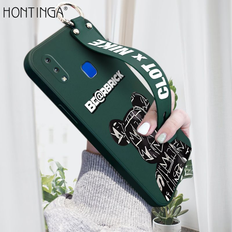 Hontinga for Vivo Y91 Y95 Wrist Strap Case Fashion Black Brand Bear Phone Case Square Edge Liquid Silicone Cases Full Cover Camera Shockproof Protection Cases