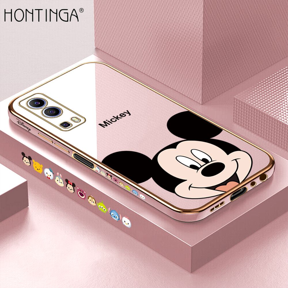 Hontinga for Vivo Y52 5G Back Cover + Free Lanyard Luxury 6D Plating Cartoon Mouse Side Pattern Case Soft Silicone Square Mobile Cover