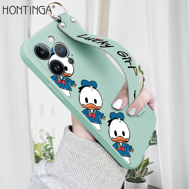 Hontinga for iPhone 13 Pro Max Wrist Strap Case Cute Cartoon Little Duck Phone Case Square Edge Liquid Silicone Case Full Cover Camera Shockproof Protective Cases
