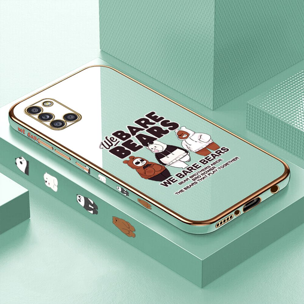 Luxury 6D Plating Case for Samsung A31 Three Little Bears Side Pattern Back Cover Soft Silicone Square Phone Cases + Free Lanyard
