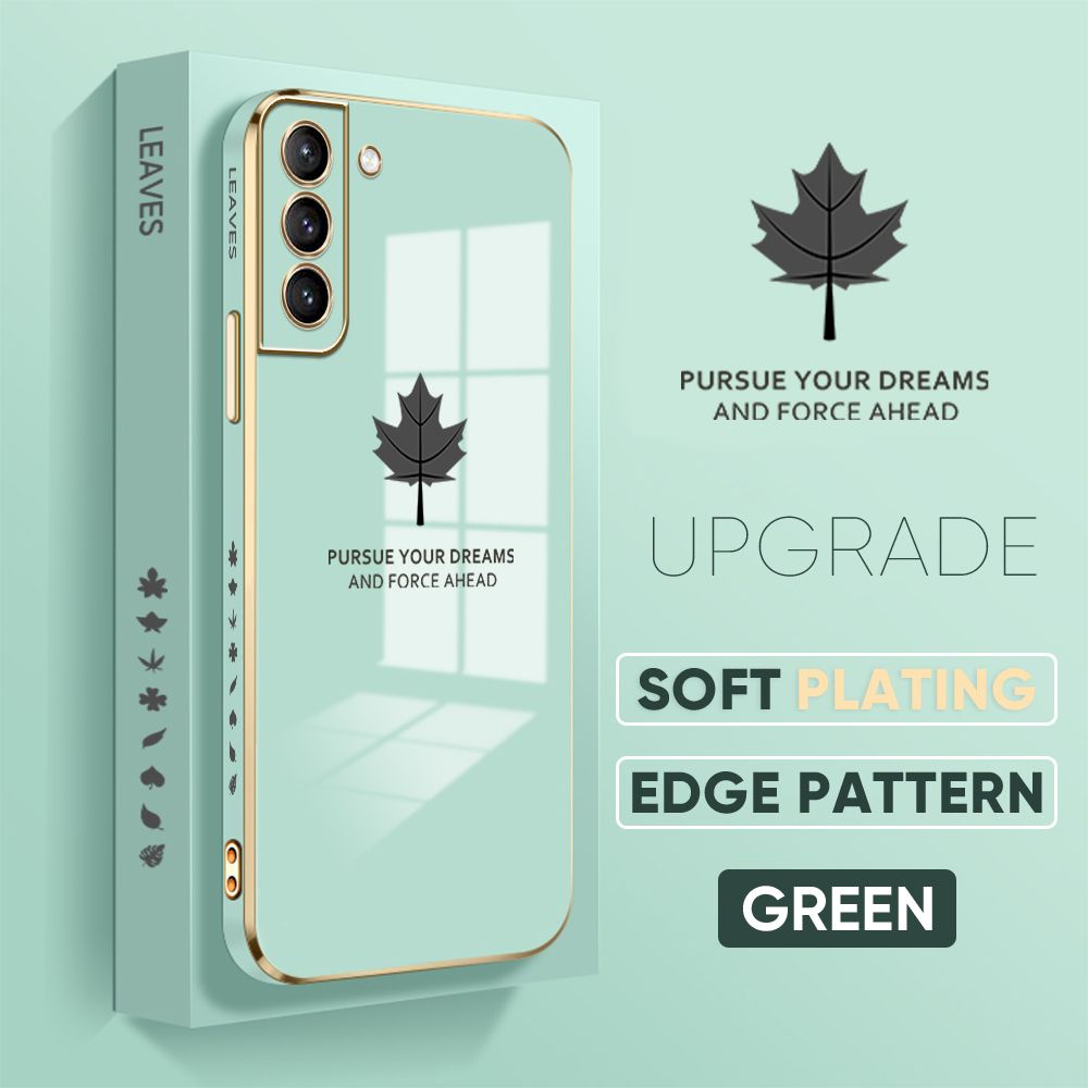 Jizetin (Free Lanyard) Samsung S21 Plus 5G Cover Maple Leaf Luxury 6D Plating Soft Casing Silicone Square Frame Phone Case Shiny Bling Back Cover