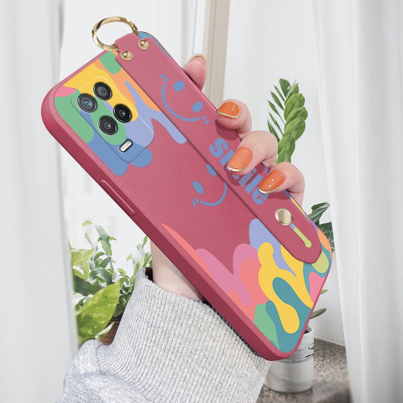 Jizetin for Realme 8 5G Wrist Strap Case Soft Candy Color Splash Ink Cover Ultra Thin Anti Fall Liquid Silicone Phone Case