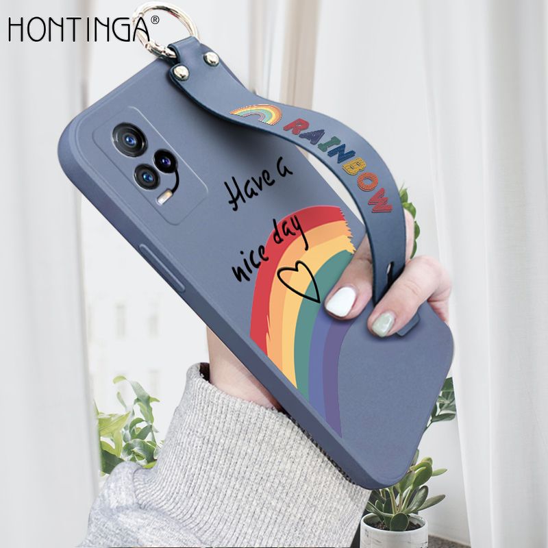 Hontinga for Vivo V21E Wrist Strap Case Lovely Graffiti Rainbow Smile Thin Phone Cover Square Edge Liquid Silicone Creativity Phone Case