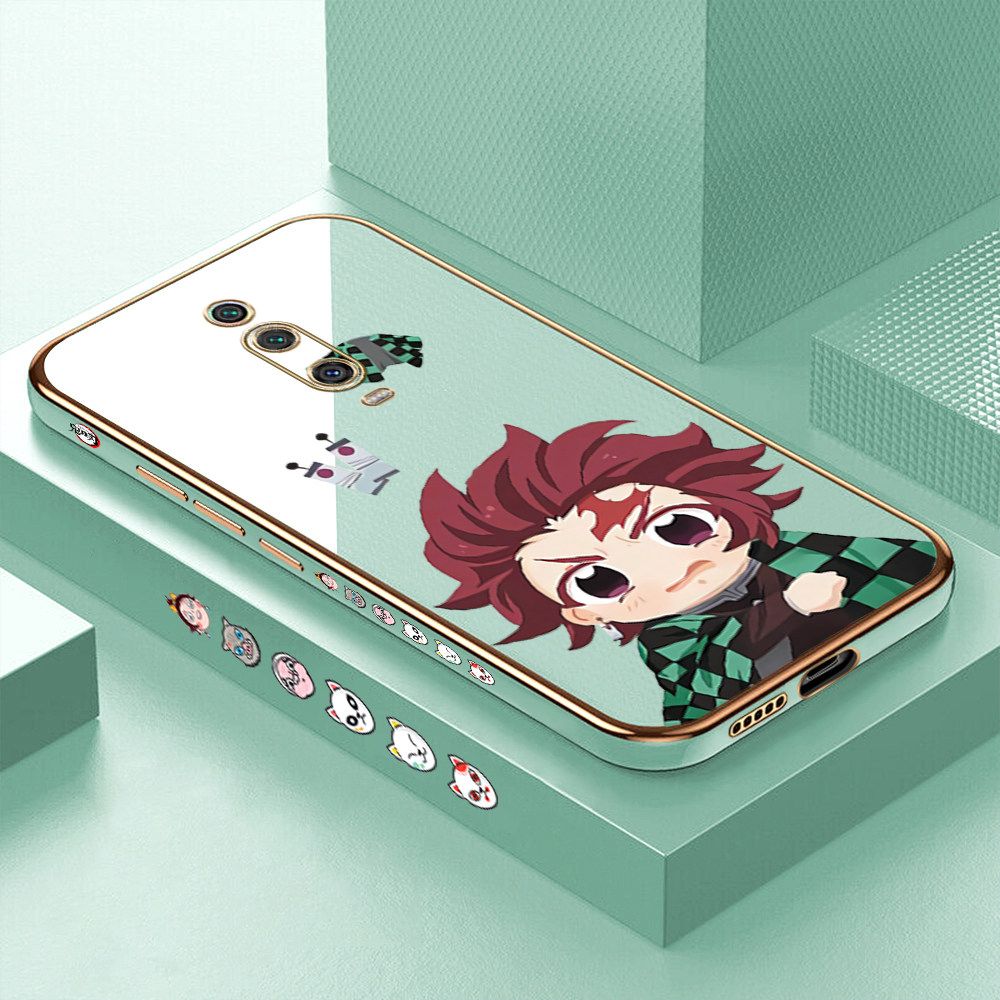 Luxury 6D Plating Case for Xiaomi 9T Pro Cartoon Anime Tanjirou Side Pattern Back Cover Soft Silicone Square Frame Shiny Bling Phone Cases + Free Lanyard