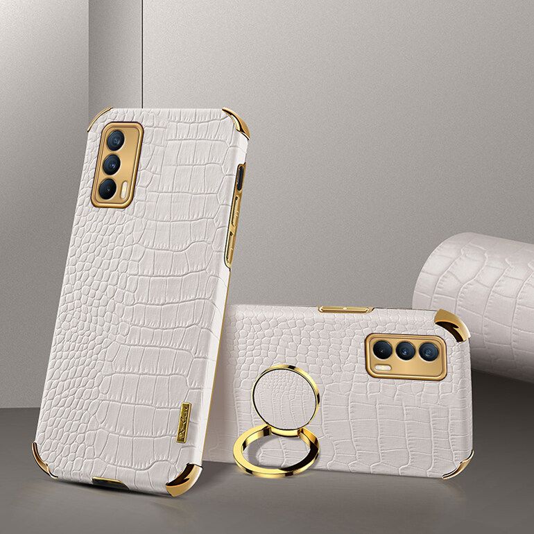 Luxury Plated Crocodile Pattern Leather Holder Phone Case For Realme V15 5G Magentic Car Ring Stand Cover