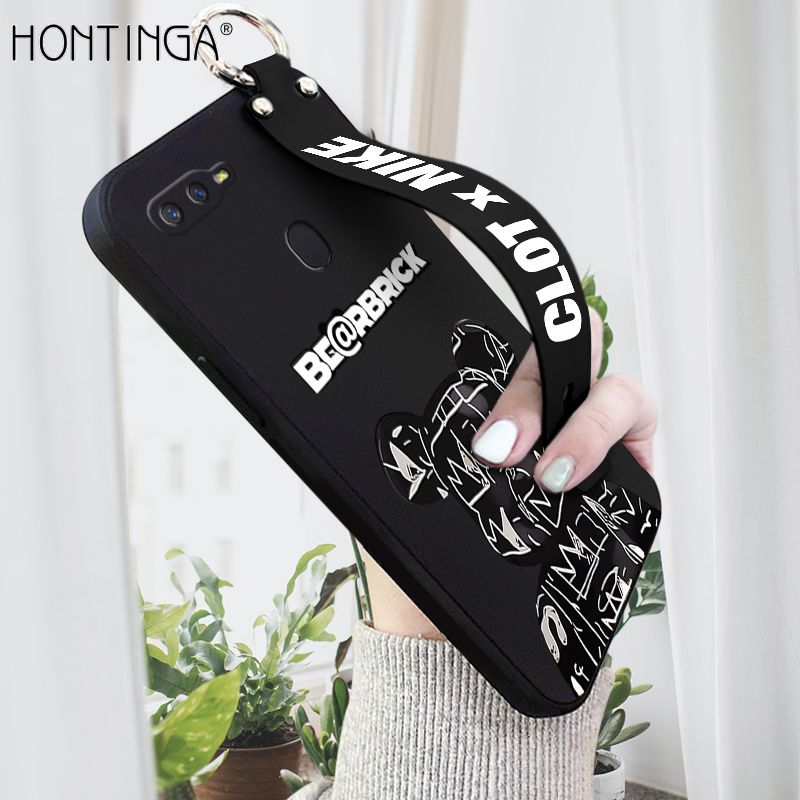 Hontinga for Realme U1 Wrist Strap Case Fashion Black Brand Bear Phone Case Square Edge Liquid Silicone Cases Full Cover Camera Shockproof Protection Cases