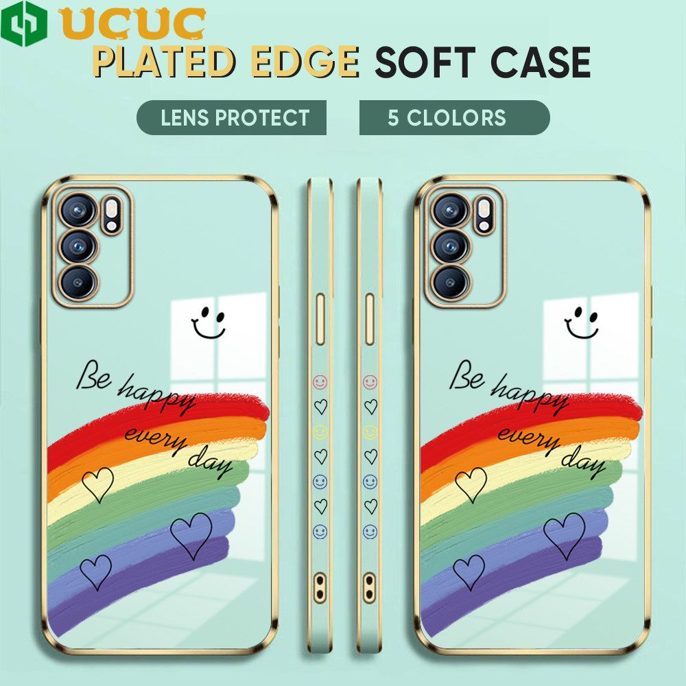 UCUC for OPPO Reno6 5G Back Cover + Free Lanyard Rainbow Doodle Luxury 6D Plating Case Side Pattern Soft Silicone Square Phone Cases