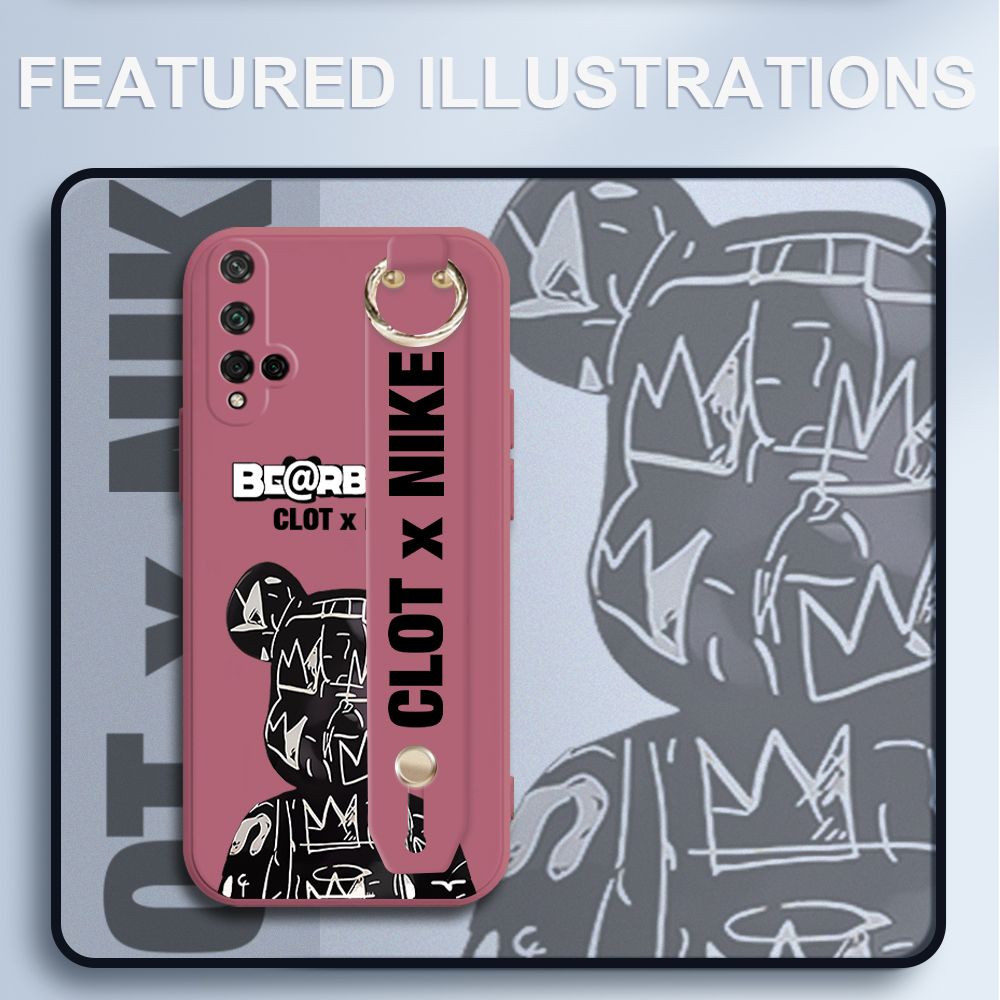 UCUC for Honor 20 Wrist Strap Case Creative Cartoon Black Stitching Bear Cover Ultra Thin Anti Fall Liquid Silicone Phone Case