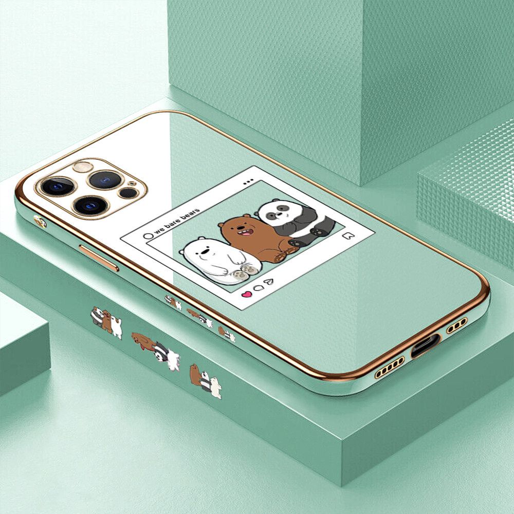 Luxury 6D Plating Case for iPhone 12 Pro Cute Cartoon Anime Bears Side Pattern Back Cover Soft Silicone Square Frame Shiny Bling Phone Cases + Free Lanyard