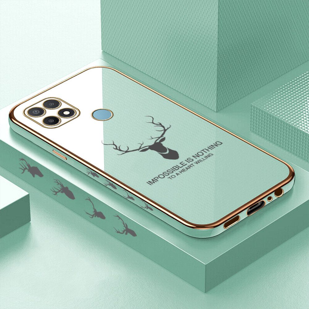 Luxury 6D Plating Case for OPPO A15S Alphabet Lucky Deer Side Pattern Back Cover Soft Silicone Square Frame Shiny Bling Phone Cases + Free Lanyard
