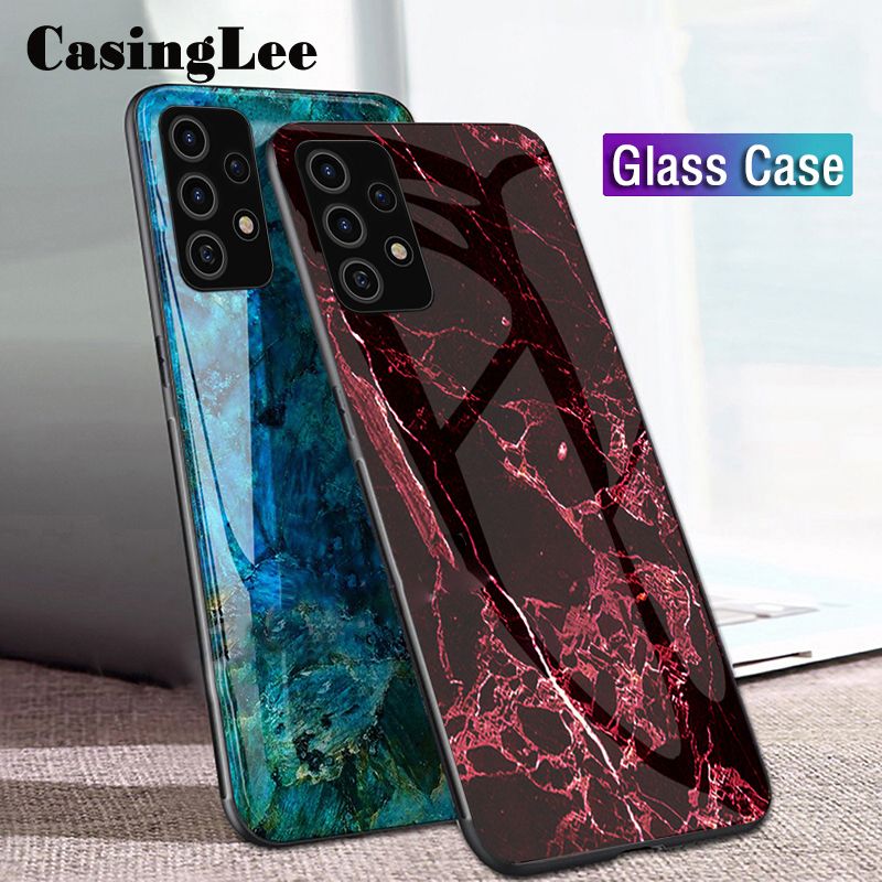 Casinglee For Samsung Galaxy A52 Case Fashion Marble Tempered Glass Protector Soft Silicone Phone Back cover for Samsung Galaxy A52 case cover