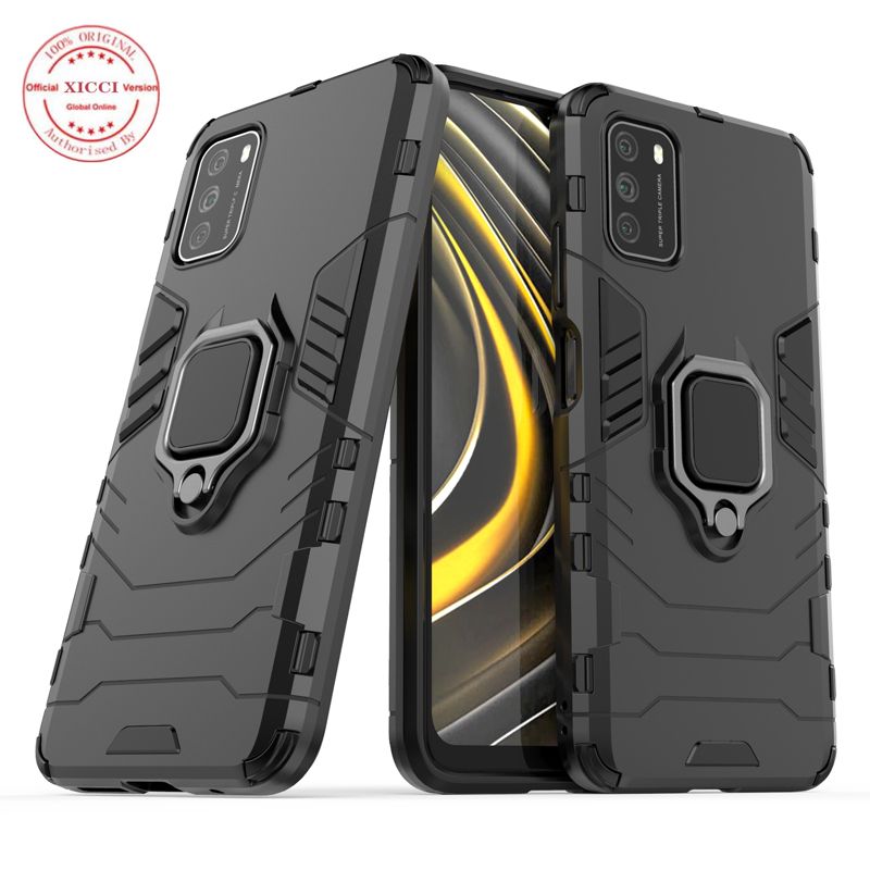 For Xiaomi POCO M3/MI POCO M3 Case, Silicone TPU and Hard PC Luxury Armor Shockproof Metal Ring Holder Cover Phone Casing