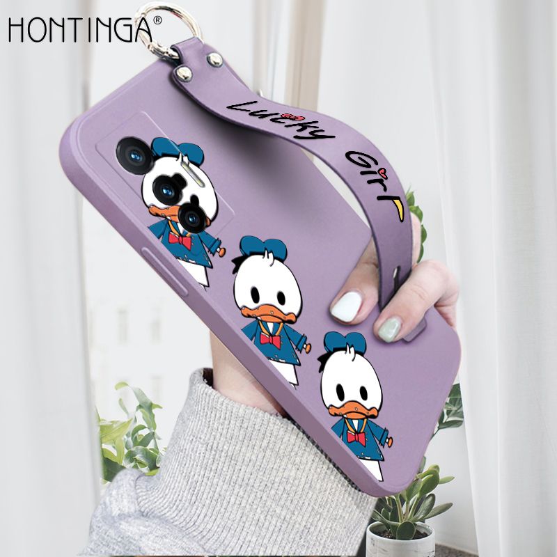 Hontinga for Vivo X70 5G Wrist Strap Case Cute Cartoon Little Duck Cover Trend Square Printed Pattern Liquid Silicone Phone Case