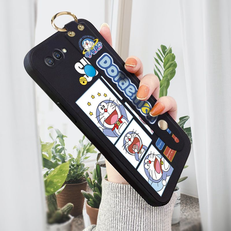 Jizetin for OPPO A12 Wrist Strap Case Creative Cartoon Doraemon's Daily Life Cover Ultra Thin Anti Fall Liquid Silicone Phone Case