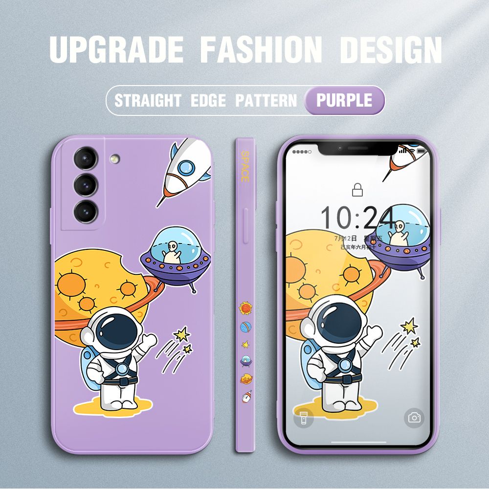 Jizetin for Samsung Galaxy S21 Plus 5G Case Side Design Phone Cover Moon Space Astronaut Cover Square Edge Pattern Liquid Silicone Trend Case