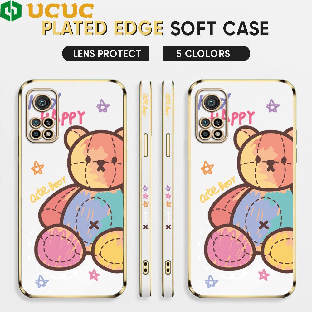 UCUC for Xiaomi Mi 10T / 10T Pro Back Cover + Free Lanyard Colorful Muppet Bear Luxury 6D Plating Case Side Pattern Soft Silicone Square Phone Cases