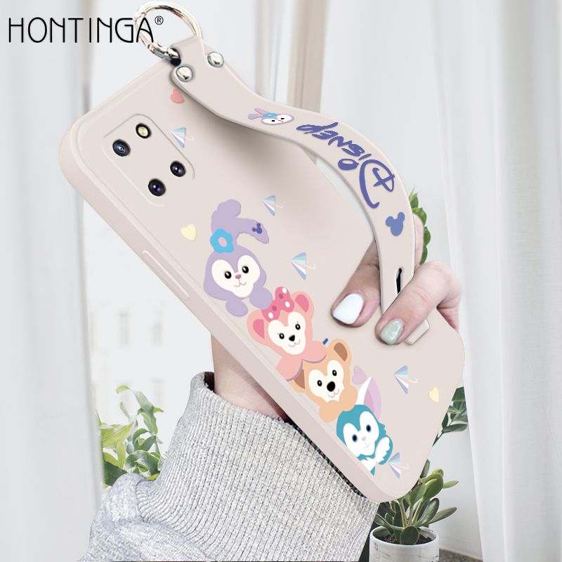 Hontinga for Samsung Galaxy M60S Wrist Strap Case INS Cute Style Creative Cartoon Rabbit and Fox Cover Thin Square Edge Liquid Silicone Phone Case