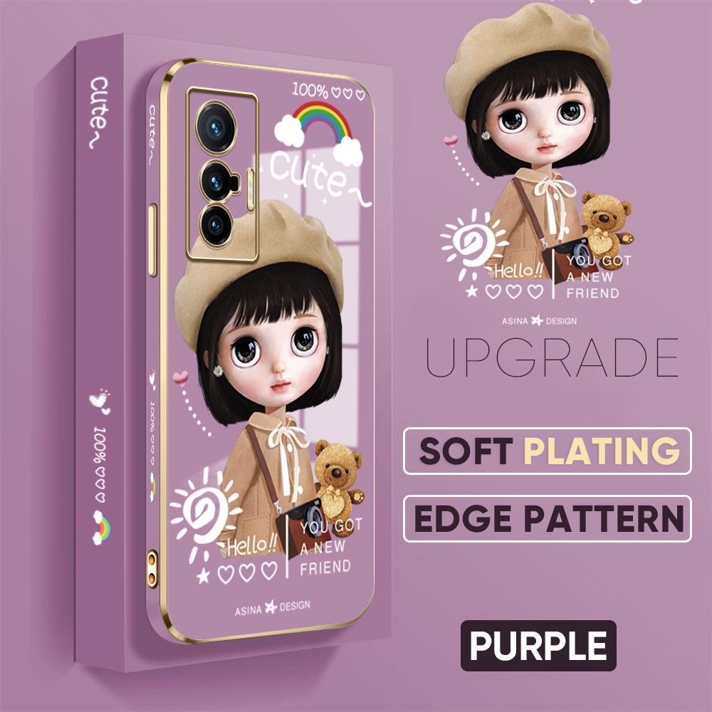 TA for Vivo X70 5G Back Cover + Free Lanyard Satchel Girl Luxury 6D Plating Case Side Pattern Soft Silicone Square Phone Cases