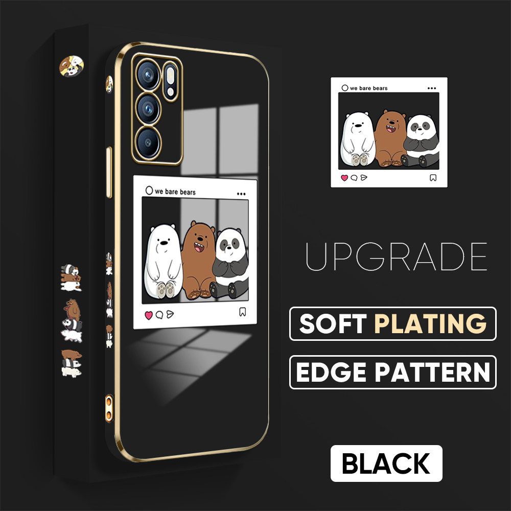 TA for OPPO Reno6 5G Back Cover + Free Lanyard Bears Group Photo Luxury 6D Plating Case Side Pattern Soft Silicone Square Phone Cases