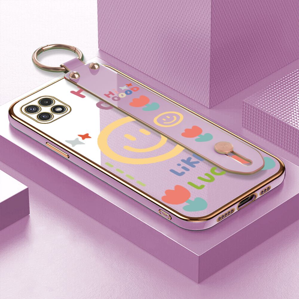 ZeroQiQi for Samsung A22 5G Wrist Strap Back Cover Flower Smiley Fashion Luxury 6D Plating Soft Casing Silicone Square Frame Phone Case