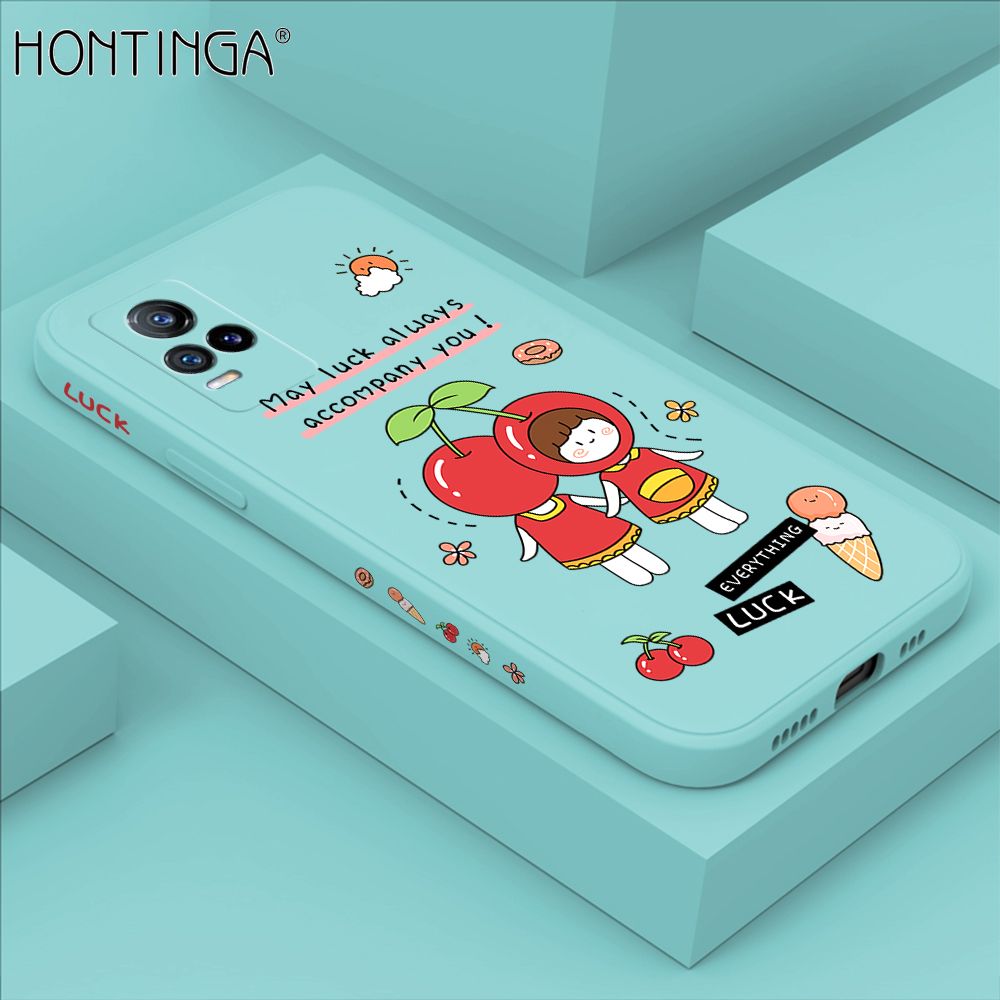 Hontinga for Vivo V21E Case Side Design Cute Cherry Girl Back Cover Soft Square Edge Pattern Liquid Silicone Trend Phone Cases