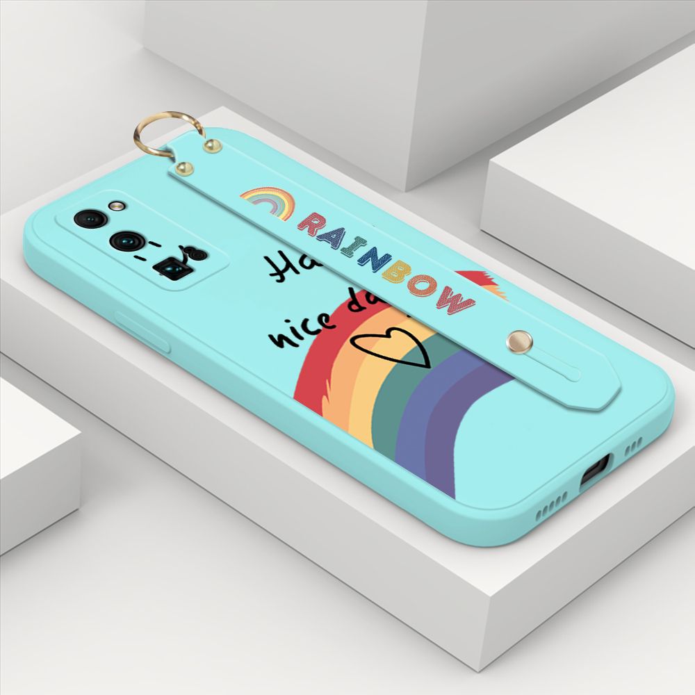 ZeroQiQi for Honor 30 Pro Wrist Strap Case Lovely Graffiti Rainbow Smile Thin Phone Cover Square Edge Liquid Silicone Creativity Phone Case