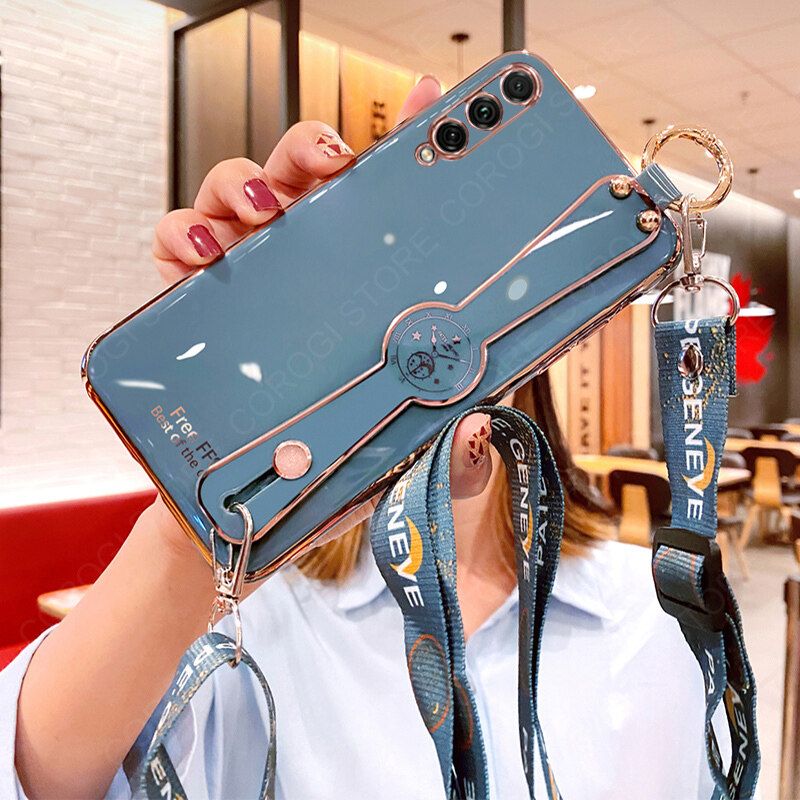 For Samsung Galaxy A50 Cover with [Lanyard + Wrist Strap Stand Holder] Ultra Thin Plating Bumper Phone Case Camera Lens Protection Soft TPU Silicone Shockproof Protective Back Cover